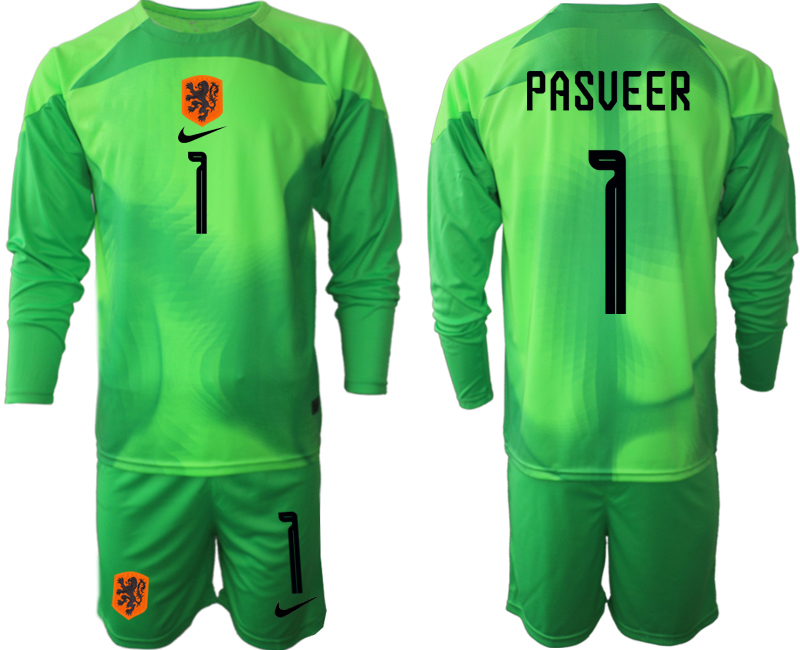 Men 2022 World Cup National Team Netherlands green goalkeeper long sleeve #1 Soccer Jersey->netherlands(holland) jersey->Soccer Country Jersey